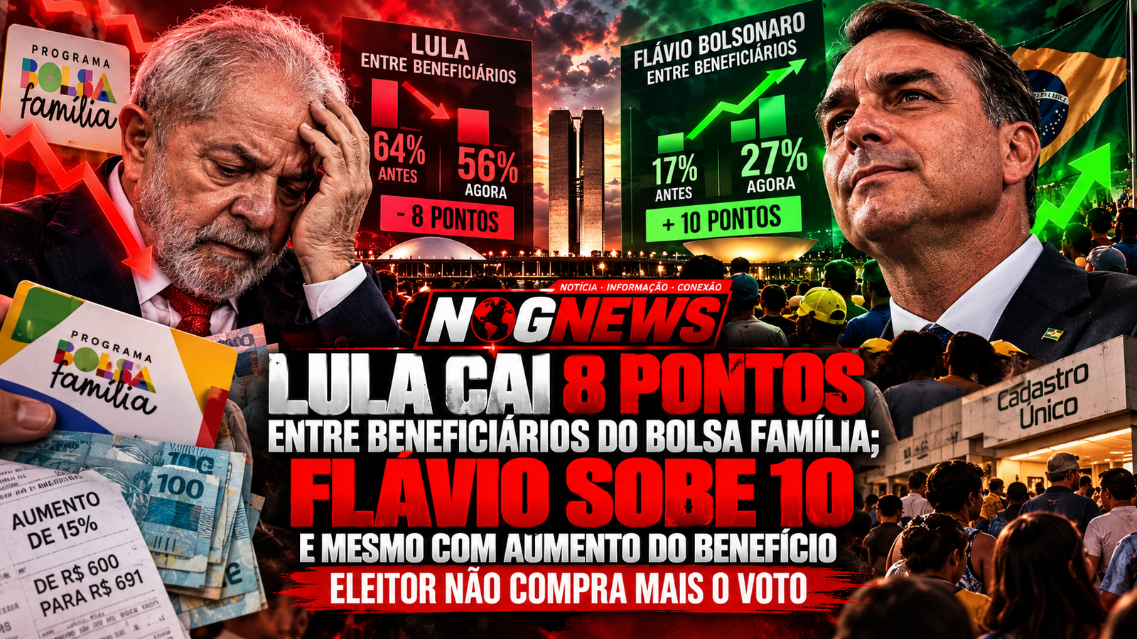 LULA CAI 8 PONTOS ENTRE BENEFICIÁRIOS DO BOLSA FAMÍLIA DEPOIS DE AUMENTAR O BENEFÍCIO; FLÁVIO SOBE 10