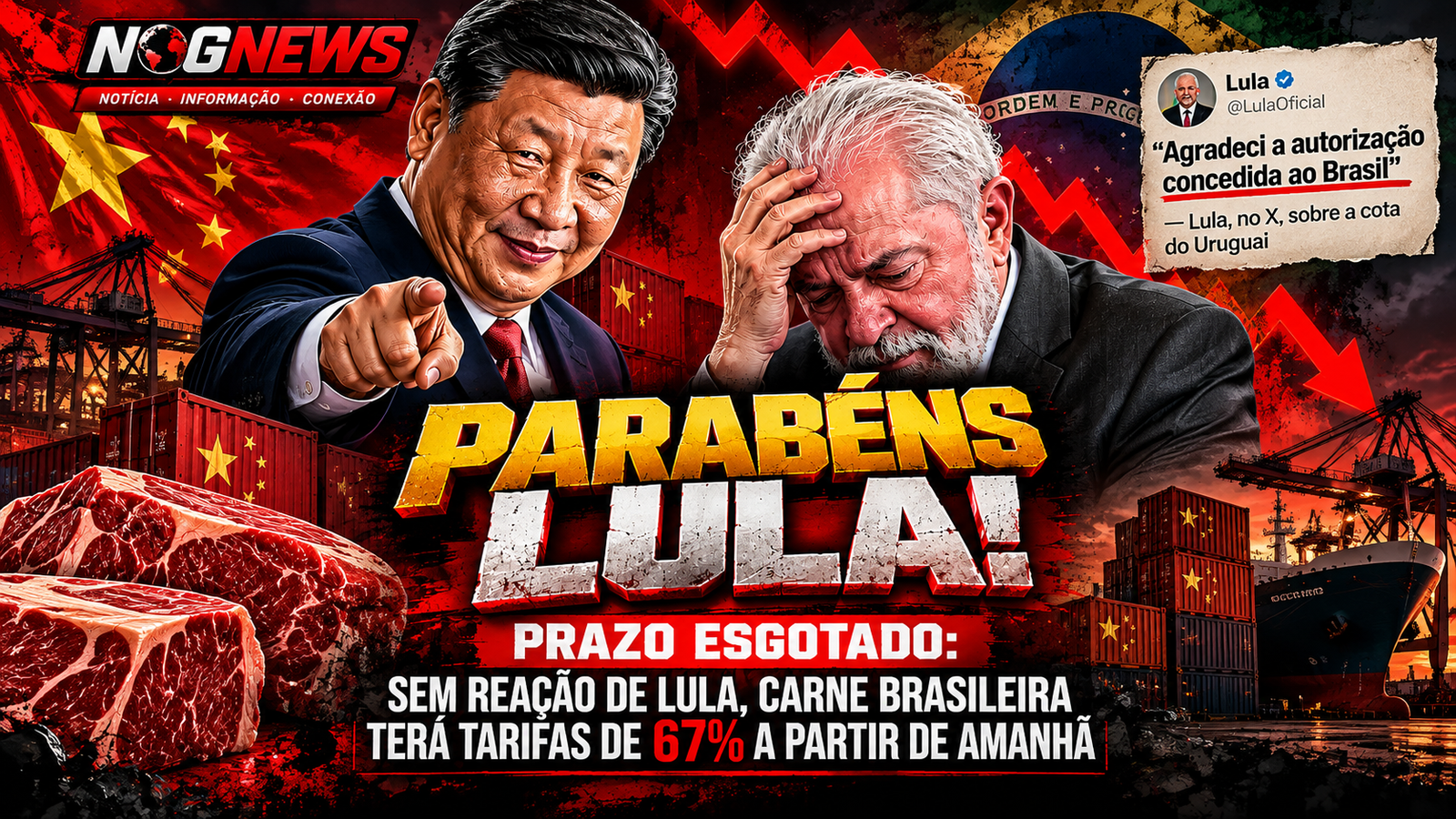 CHINA COBRA 67% NA CARNE BRASILEIRA A PARTIR DA MEIA-NOITE E LULA AGRADECE UMA COTA QUE PEQUIM NÃO LIBEROU