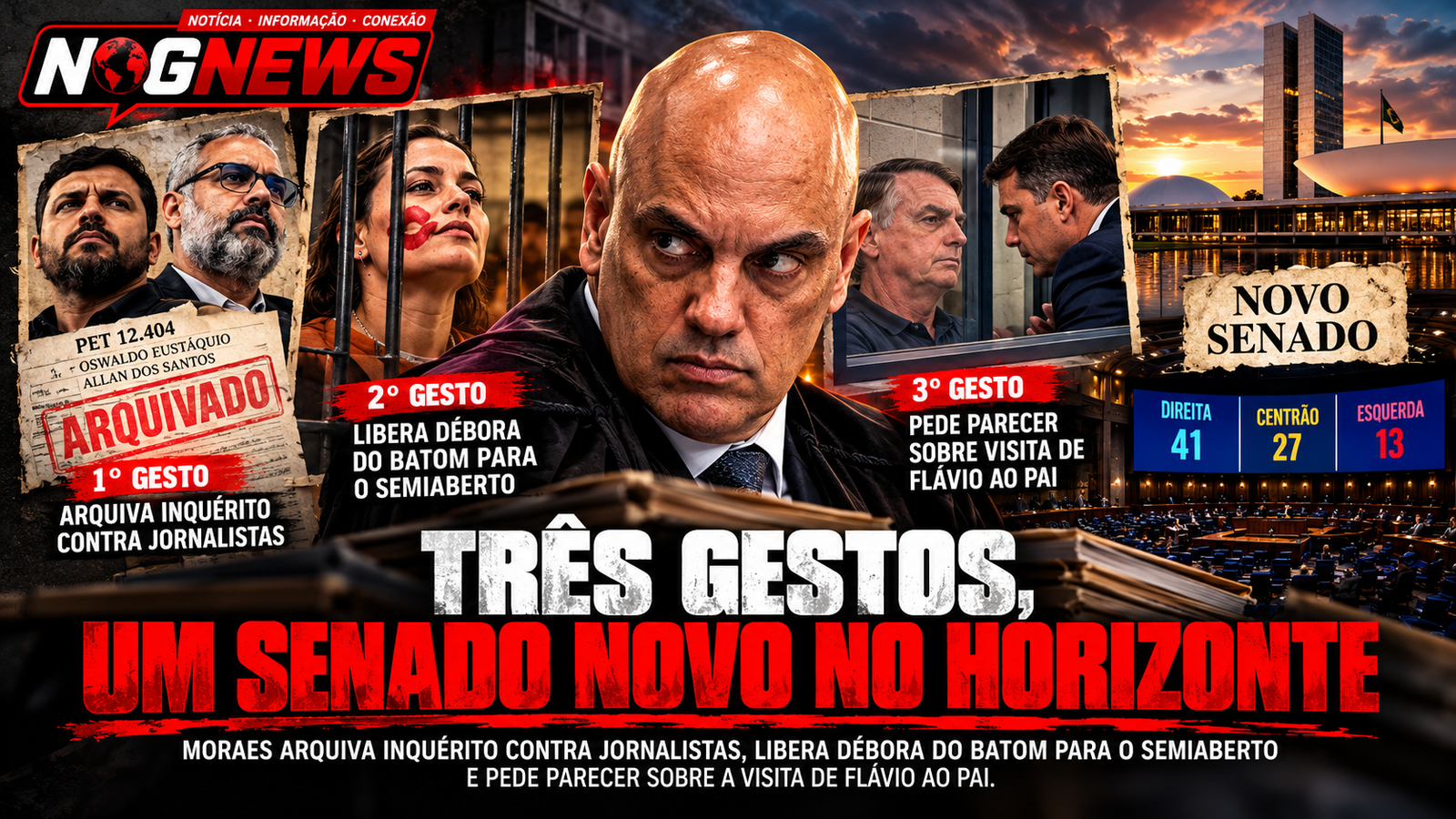 MORAES ARQUIVA INQUÉRITO CONTRA JORNALISTAS, LIBERA DÉBORA DO BATOM PARA O SEMIABERTO E PEDE PARECER SOBRE A VISITA DE FLÁVIO AO PAI. TRÊS GESTOS, UM SENADO NOVO NO HORIZONTE